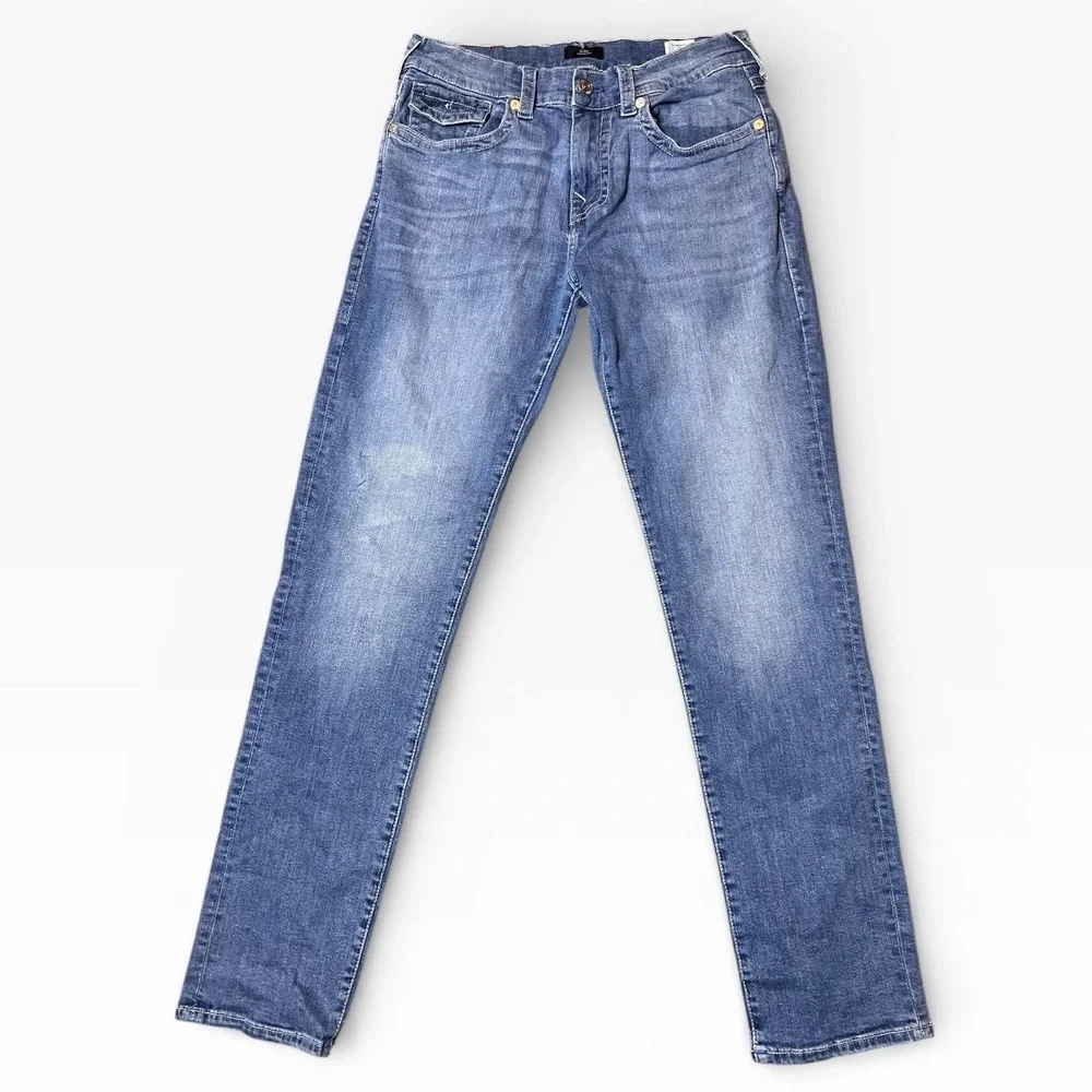 True Religion Geno Relaxed Slim Jeans Mens 34x33 Denim Pants Whiskered Horseshoe